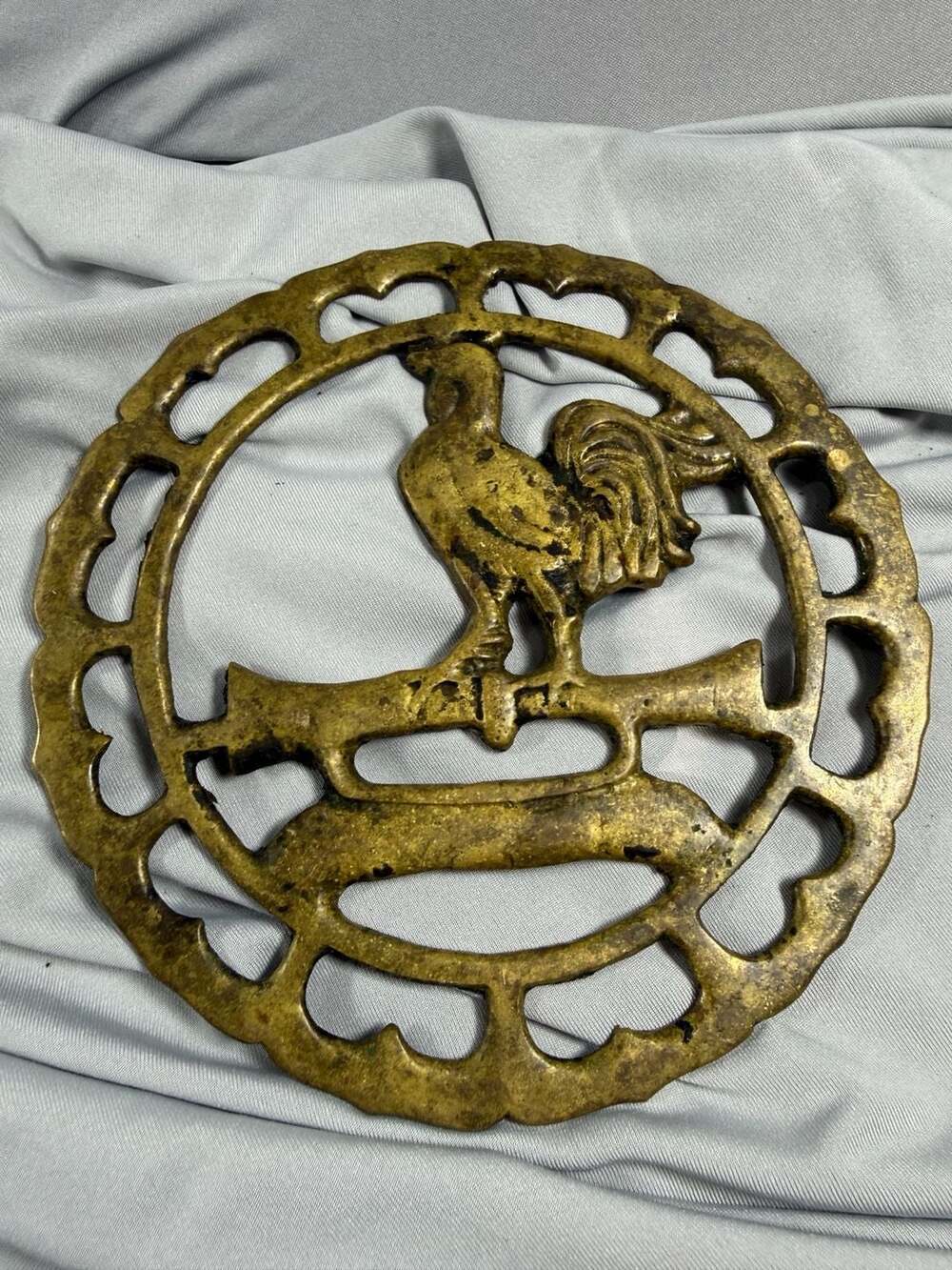 Vintage Brass Rooster on Fence Round Kitchen Trivet